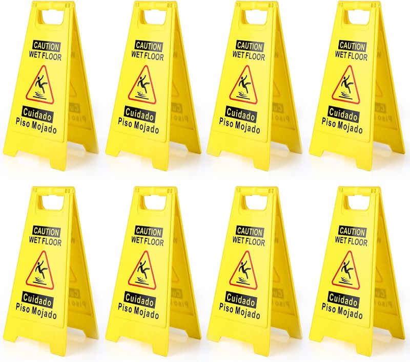 Photo 1 of 8-Pack Caution Wet Floor Sign,17.5" Height,Bright Yellow Double-Sided Folding A-Shaped Frame Design, Bilingual Caution Message
