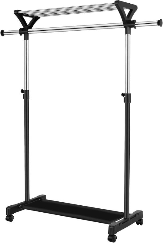 Photo 1 of Clothes Rack on Wheels with Extra Top Storage Shelf, Expandable Rolling Garment Rack for Hanging Clothes, Heavy-duty Metal Stainless Steel Adjustable Organizer for Bedroom, Living Room