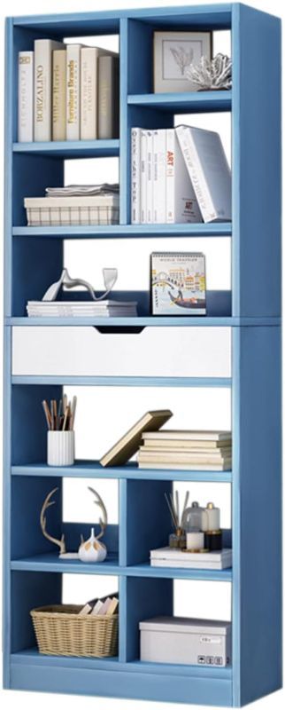 Photo 1 of IOTXY Wooden Open Shelf Bookcase - 71 Inches Tall Freestanding Display Storage Cabinet Organizer with 10 Cubes and a Drawer, Floor Standing Bookshelf in Bright Blue