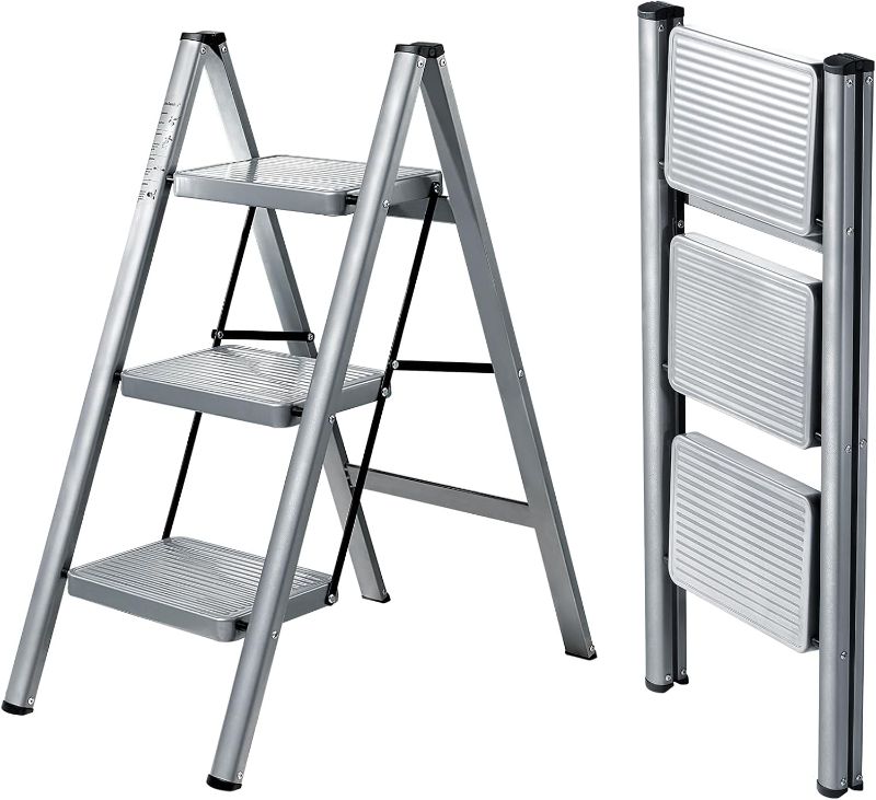 Photo 1 of XinSunho 3 Step Ladder, Folding Step Stool with Anti-Slip Wide Pedal, Portable Sturdy Steel Ladder 3 Steps, 330lbs Safety Kitchen & Household Ladder
