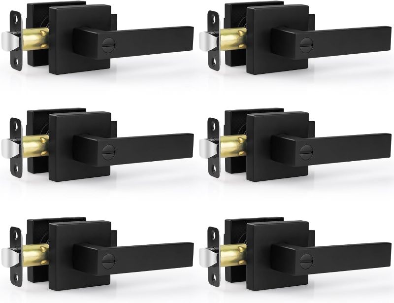 Photo 1 of 6 Pack Matte Black Door Handle, Keyless Interior Door Knobs Square Privacy Door Levers Heavy Duty Door Locks for Bedroom Bathroom, Reversible Interior Handles for Left & Right Handled Doors