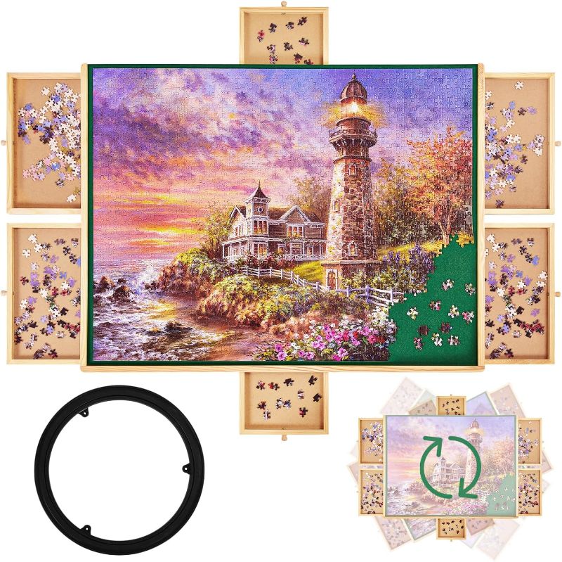 Photo 1 of 1500 Pieces Rotating Wooden Jigsaw Puzzle Board, 27"x35" Puzzle Board with 6 Drawers & Cover, 360 Degree Rotating Puzzle Storage Table for Adult