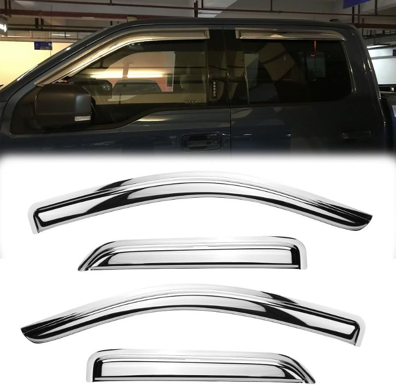 Photo 1 of 94528Y Chrome Side Window Visor Wind Vent Deflector for 14-18 Chevy Silverado/GMC Sierra 1500&2500HD&3500HD with Double/Extended Cab,4pc Outside Mount Style Sun Rain Guards