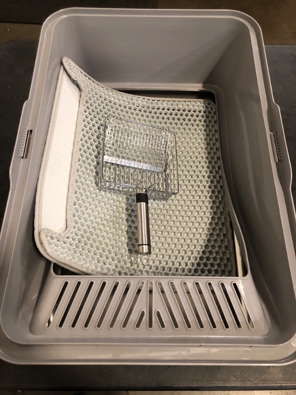 Photo 1 of Stainless Steel Litter Box, Extra Large Litter Boxes for Big Cats, XL Metal Cat Litter Box with Lid, Anti-Urine Leakage, Non-Sticky, Include Cat Mat and Litter Scoop