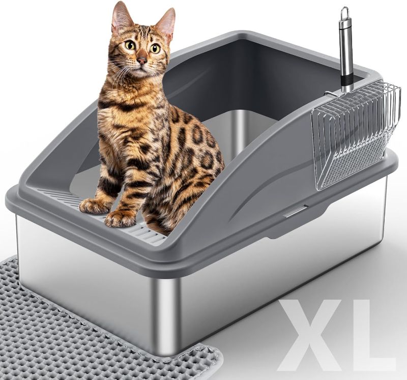 Photo 1 of Stainless Steel Litter Box, Extra Large Litter Boxes for Big Cats, XL Metal Cat Litter Box with Lid, Anti-Urine Leakage, Non-Sticky, Include Cat Mat and Litter Scoop