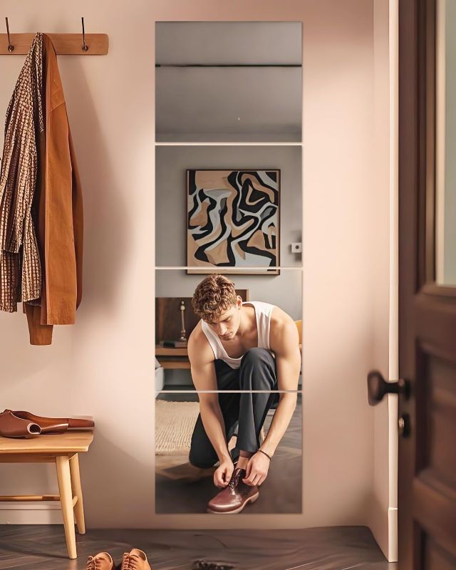 Photo 1 of 12"x14"x4Pcs Full Length Wall Mirror Tiles,Squares Frameless Wall Mounted Full Body Mirror Glass Wall Peel and Stick Mirror for Home Gym,Door,Bedroom,Living Room