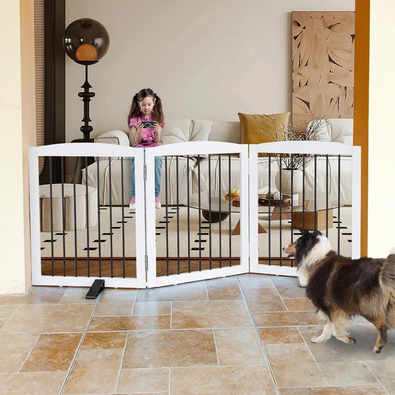 Photo 1 of ZJSF Freestanding Panel Dog Gate for Indoor, Doorways,Stairs, or Hallways,Foldable Wooden White Pet Gates for House,Pet Gate for Dogs,Dog Fence, Puppy Gate,Support Feet Included,24 "Height-3 Panels