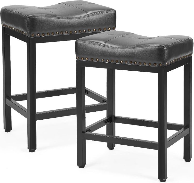 Photo 1 of Bar Stools Set of 2, 24 inch Counter Height Bar Stools, Upholstered Modern Kitchen Barstools with Metal Base, PU Leather Saddle Stools for Kitchen Island, Black