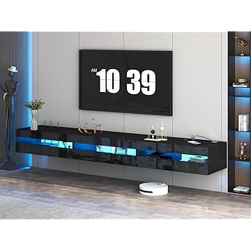 Photo 1 of Floating TV Stand | 94.5'' Long Wall Mounted TV Shelf with Power Outlet, Modern Wooden Entertainment Center Media Console with Storage, High Gloss Large TV Cabinet, Up to 100 Inch TVS