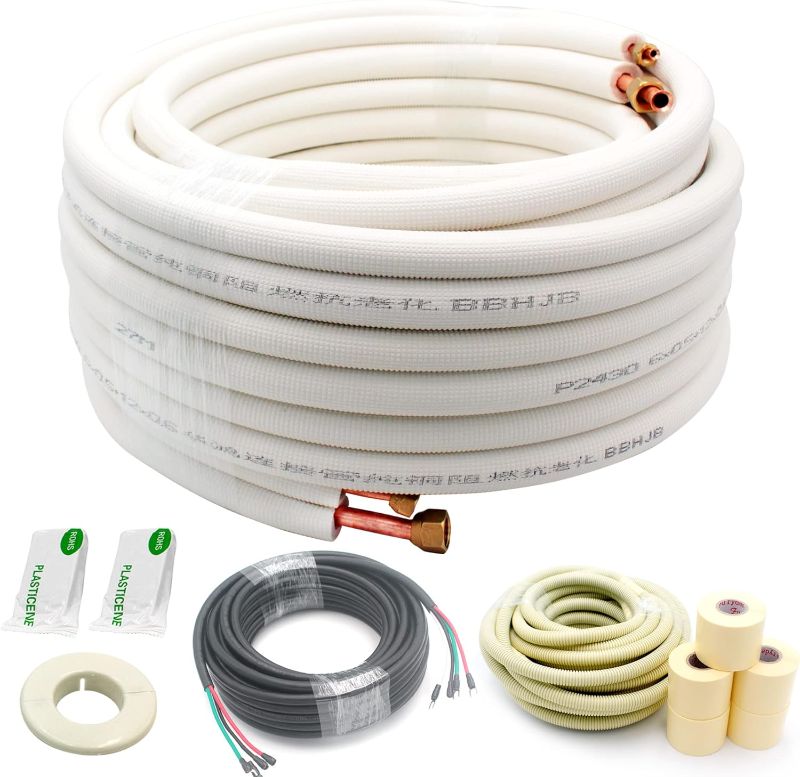 Photo 1 of 50ft Length Mini Split Line Set 1/4" 3/8" OD Copper Pipes Tubing and 3/8 White PE Thickened Insulated with Flared Nuts for Mini Split Air Conditioner HVAC or Heat Pump for 9000BTU (1/4+3/8 with wires)