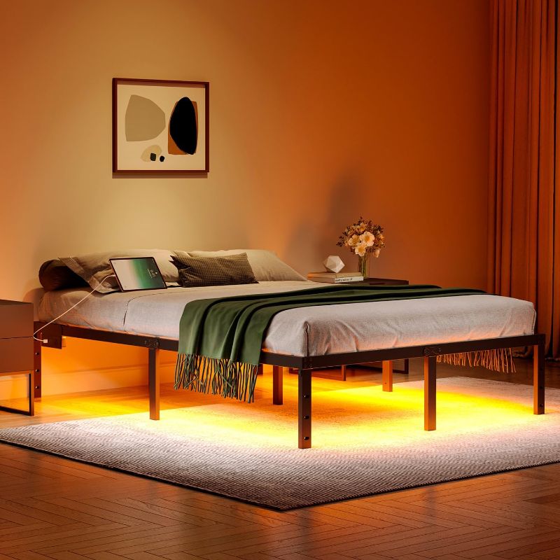 Photo 1 of Full Size Bed Frame with LED Lights & Charging Station - 14 Inch Heavy Duty Metal Platform Bed Frame No Box Spring Needed, Easy Assembly, No Noise