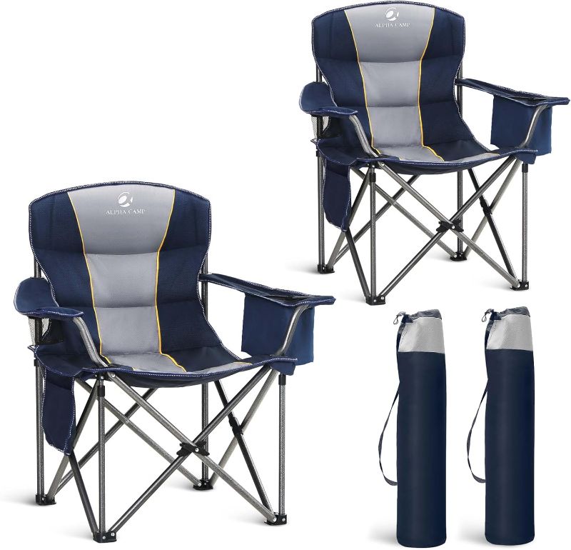 Photo 1 of LET'S CAMP Folding Camping Chair Oversized Heavy Duty Padded Outdoor Chair with Cup Holder Storage and Cooler Bag, 450 LBS Weight Capacity, Thicken 600D Oxford,2 Pack