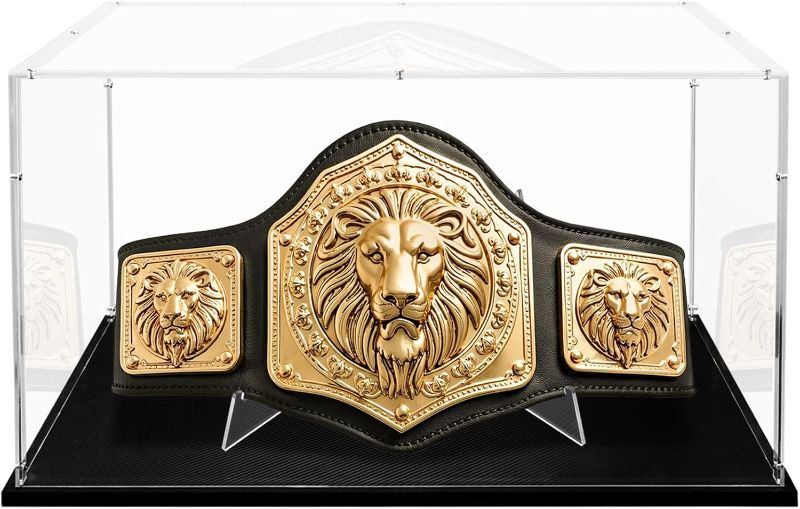 Photo 1 of Acrylic Full Szie Championship Belt Display Case Boxing Football Wrestling Championship Belt Display Stand Shadow Boxes Large Clear Collectibles Display Case with Carbon Fiber Skin Base & Belt Stand