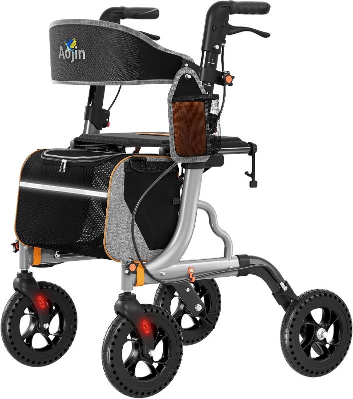 Photo 1 of Rollator Walkers for Seniors with Seat, Foldable Walkers for Seniors, 8" All-Terrain Wheels, 18" Big Seat, 6-Level Adjustable Height Rolling Walker, 350 lb, Walker for Seniors & Adults (Sliver)