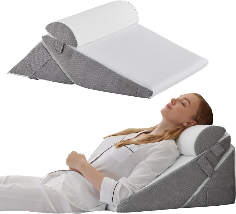 Photo 1 of Wedge Pillow Headboard, 3PCS Orthopedic Bed Wedge Pillows Set for After Surgery, Adjustable Pillow Wedge for Acid Reflux&Back Pain Relief, Sleeping, Back Pillow for Bed Sitting Up, White/Grey