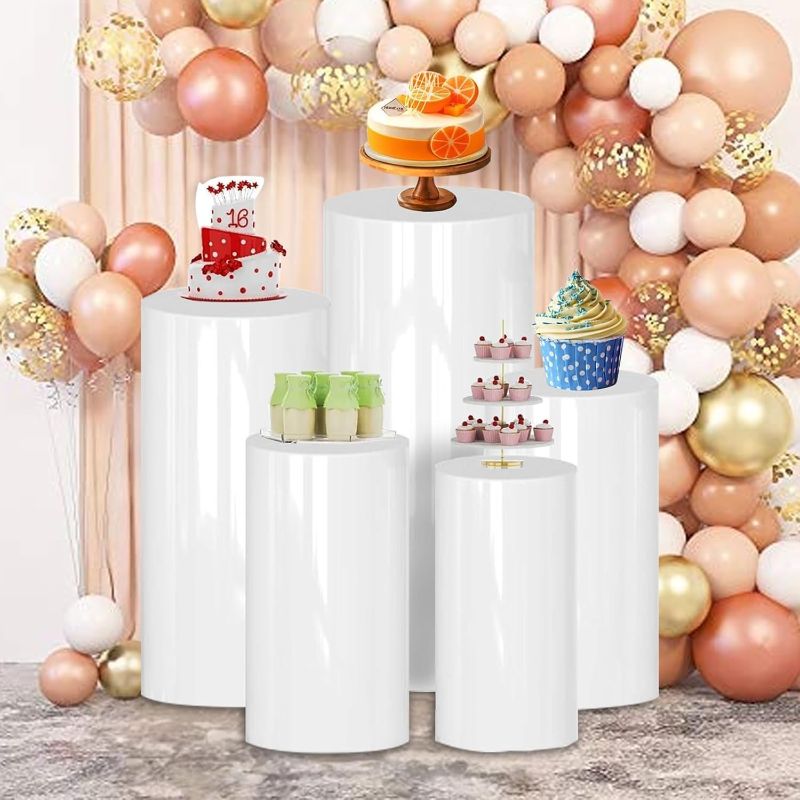 Photo 1 of 5 pcs Cylinder Stands for Party, for Birthday Wedding,White Round Large Cylinder Tables for Baby Shower Party Decorations, Pedestal Stand Display Plinth Pillars