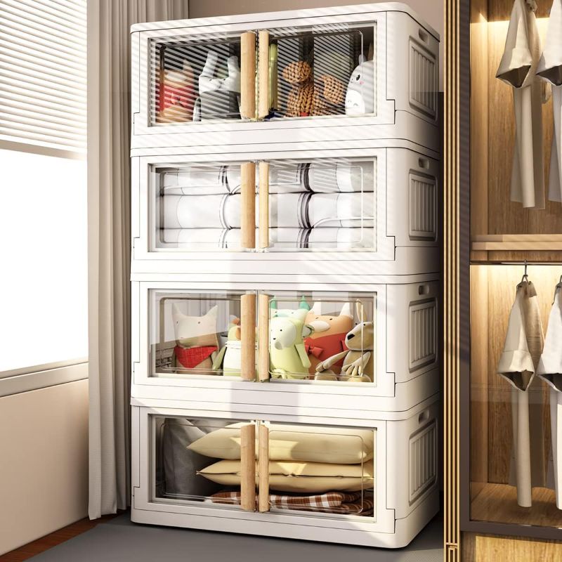 Photo 1 of Storage Bins with Lids,78 Quart Plastic White Closet Organizers and Storage,4 Packs Stackable Bins with Wheels,Dual Open Collapsible Storage Bins for Home and Office