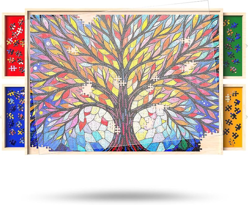 Photo 1 of Puzzle Board with Drawers and Cover Rotatable 360-Degree Wheels 1000 Pieces Lightweight Portable Wooden Puzzle Table for Adults Kids
