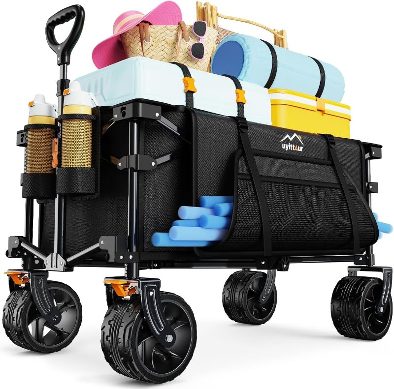 Photo 1 of Collapsible Wagon Cart Heavy Duty Foldable, Folding Beach Wagon with Big Wheels for Sand, Utility Grocery Cart with Side Pocket and Brakes for Camping Sports Outdoor Activities, Black