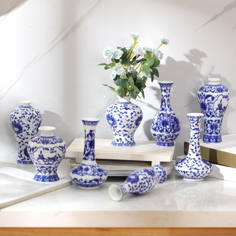 Photo 1 of 8 Pcs Chinoiserie Bud Vases Ceramic Small Blue and White Floral Chinese Porcelain Vase Set for Shelf Table Centerpieces Home Decor(Rustic)