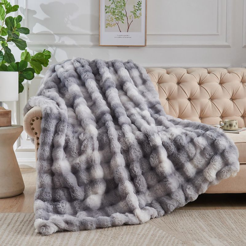 Photo 1 of Lotus Karen Faux Fur Throw Blanket - Tie-Dye Gray, Big Bubble Rabbit Fluff