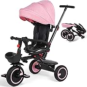 Photo 1 of Toddler Tricycle with Push Handle for 7 Months-5 Years, Baby Tricycle with Rotatable Seat, 8 In 1 Kids Trike with Safety Harness, Canopy, Double Brakes, Toddler Push Bike Birthday Gifts for Baby, Pink