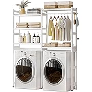 Photo 1 of Over The Washer and Dryer Storage Shelf Bamboo,5 Tiers Laundry Room Drying Rack with Adjustable Shelves and 4 Hooks,Space Saver Organizer for Hanging Clothes and Towels (White)