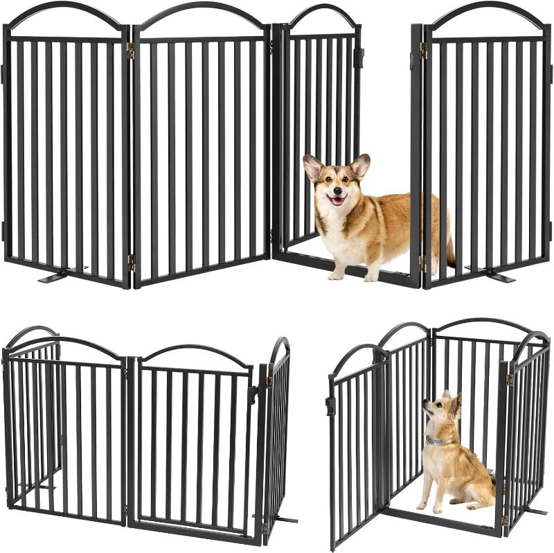 Photo 1 of Malier Metal Freestanding Dog Gates with Door, 32'' Height Outdoor Indoor Dog Fences, Extra Wide Foldable Puppy Gate Free Standind Tall Pet Gate for Stairs, Hallways, Doorways, Yard (Black, 4 Panels)