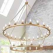 Photo 1 of Large Gold Wagon Wheel Chandeliers, 53 Inch Large Gold Farmhouse Chandeliers for High Ceiling, 2 Tier 36-Lights Industrial Extra Large Chandelier for Dining Room Living Room Foyer Hallway