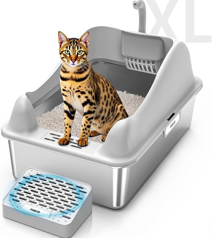 Photo 1 of Stainless Steel Cat Litter Box with Lid, XL Extra Large Litter Box for Big Cats, High Sided Kitty Metal Pan with Pedal Filter and Scoop, Non-Sticky&Anti-Leakage Easy Cleaning Gray