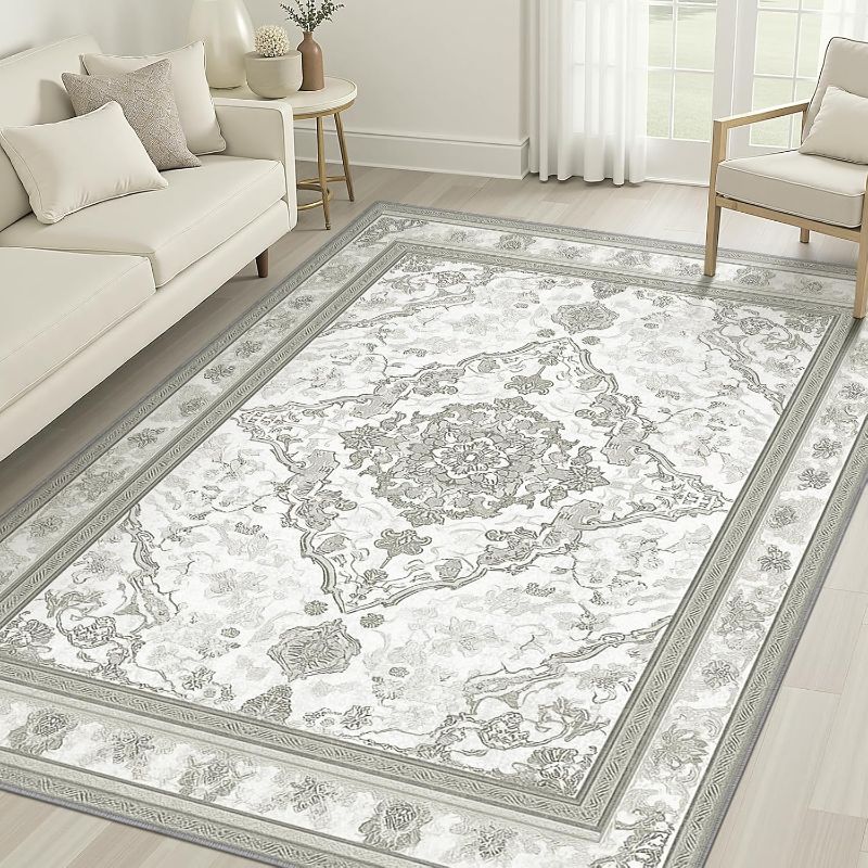 Photo 1 of 5x7 Washable Non-Slip Area Rug - Boho Vintage Faux Wool Carpet, Ultra Thin Low Pile Indoor Mat for Living Room Bedroom Entryway, Grey