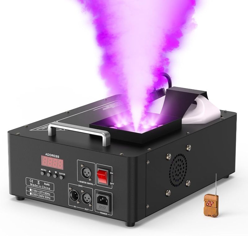 Photo 1 of Fog Machine 1500W with Upgrated 24 RGB LED Stage Lights,Vertical Smoke Machine Wireless Remote & DMX & Manual Control for Wedding Halloween Christmas Party Stage Effect Outdoor Indoor