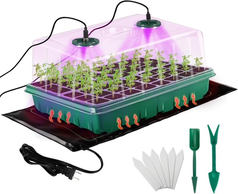 Photo 1 of *Crack on side of Green Part** Seed Starter Tray with Grow Light & Heat Mat - 48 Cell Durable Easy Use Seed Starter Kit for Beginners, Thriving Seedling Germination Kit with Humidity Domes for Indoor Plant Growing Propagation