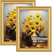Photo 1 of 12x16 Gold Picture Frames Set of 2, Ornate Vintage 12 x 16 Photo Frames for Wall Decor or Tabletop Display, 16x12 Gold Frames with Real Glass, Display 8.5x11 Pictures with Mat or 12x16 without Mat for Antique Déco