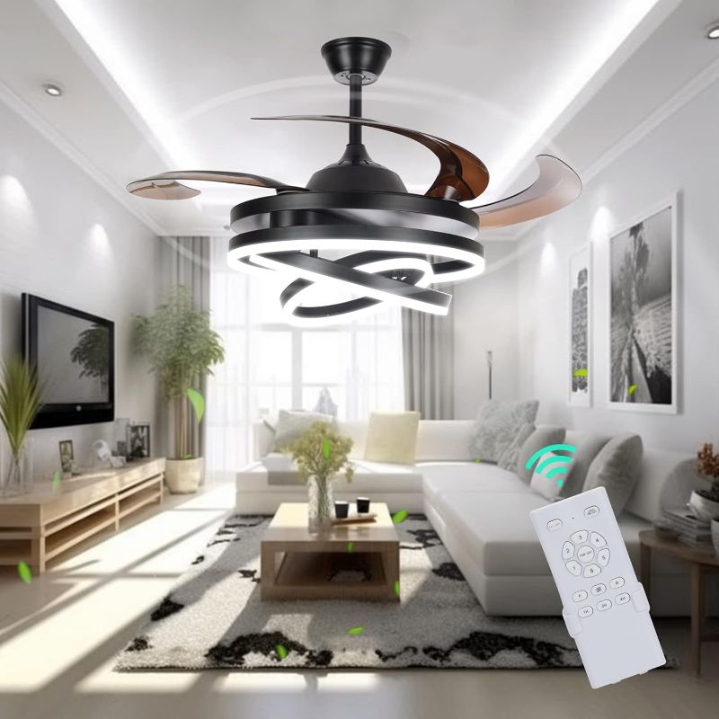 Photo 1 of 48 Inch Retractable Ceiling Fans, 3 Color 6 Speed Dimmable Silent LED Invisible Ceiling Fan Lights, with Remote Easy to Install Suitable for Living Room,Bedroom,Kitchen,Dining Room Lighting