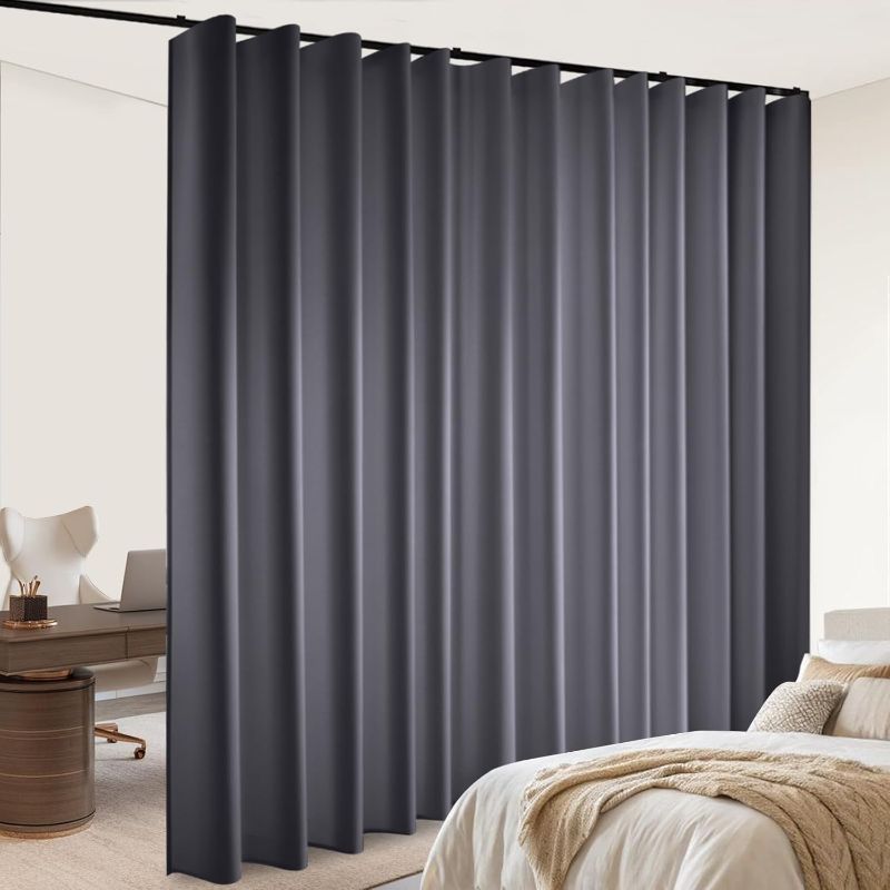 Photo 1 of Room Divider Blackout Curtains Flexible Sliding Tracks Sets Ceiling Mounted Rod Window Curtain Privacy Separation for Bedroom Living Rooms,1 Panel Grey Drape and Black Track Set