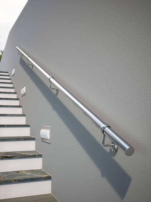 Photo 1 of ROTHLEY Metal Stair Railing Handrail: 11.8FT Stainless Steel Hand Railings for Stairs Outdoor Indoor Wall Mount Stair Handrail Complete Kit 1.6" Round Hand Rail for Elderly & Kids (Brushed Finish)
