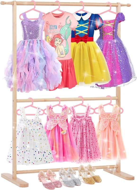 Photo 1 of Bamboo Kids Clothing Rack with Dual Poles, Child Dress Up Rack, Clothing OrganizerRack, Small GarmentRack, Perfect for Costumes and Accessories (Natural color)