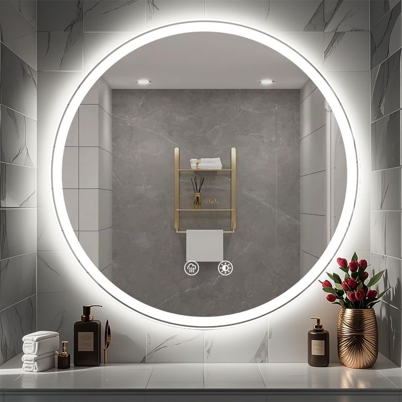 Photo 1 of LED Bathroom Mirror, 28" Round Bathroom Mirror with Front & Backlit, Dimmable 3-Color Temperature, Anti-Fog, Smart Touch Control, and Easy Installation - Luxury Vanity Mirror for Modern Bathrooms