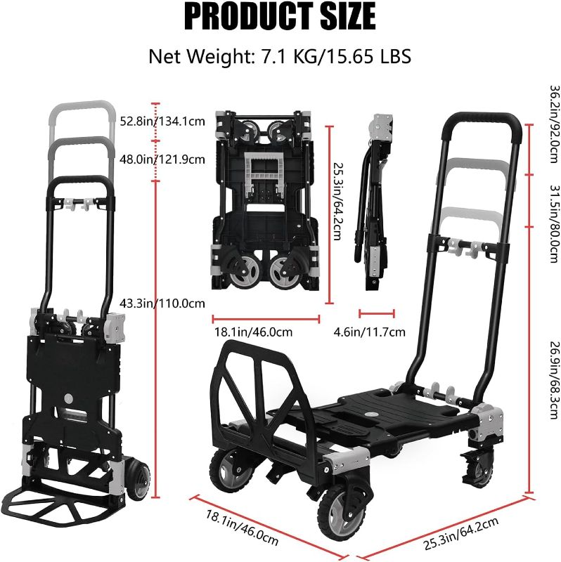 Photo 1 of 2-in-1 Folding Hand Truck – 330LB Heavy-Duty Dolly Cart with 2 Swivel Wheels with Brakes, 2 Large Rubber Wheels, Retractable Handle, Includes 2 Bungee Cords for Moving, Shopping, Office Use 
