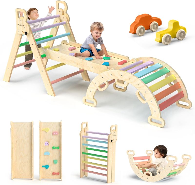 Photo 1 of BlueWood Pikler Triangle Set 7in1 Foldable Baby Climbing Toys Wooden Montessori Climbing Set with Arch&Ramp&Ladder Baby Climber Indoor Jungle Gyms for Toddlers Montessori Toys - Rainbow