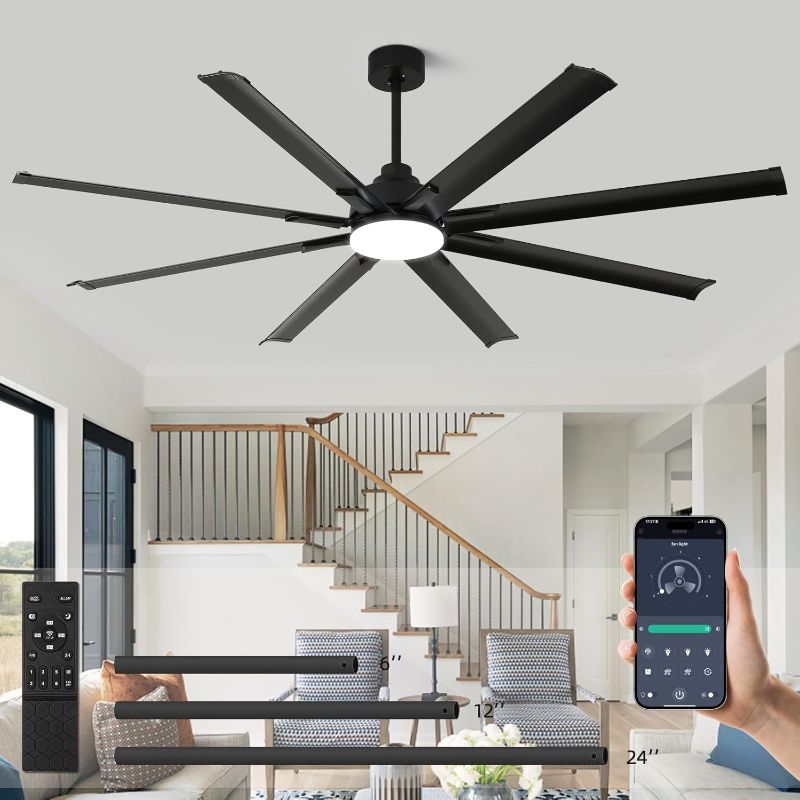 Photo 1 of 72 inch Ceiling Fans with Lights and Remote Control Large Ceiling Fan with 8 Aluminum Blades, 3CCT, 6-Speed,Black Commercial Ceiling Fan for Porch/Garage/Shop/Living Room