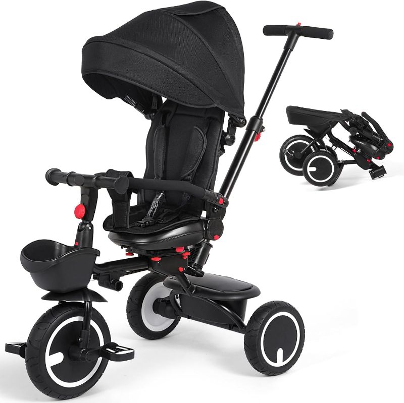 Photo 1 of 8 In 1 Tricycle for Toddlers 7 Months to 5 Years, Folding Baby Tricycle with Push Handle, Kids Push Trike with Safety Belt, Handrails, Removable Canopy, Storage, Stroller Bike Gift for Toddlers, Black