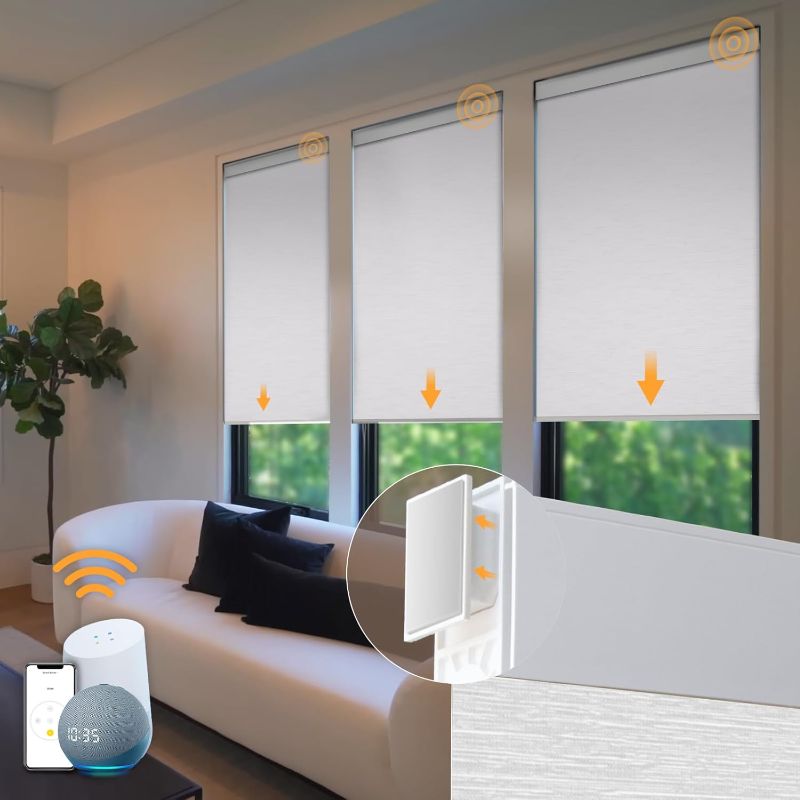Photo 1 of Motorized Blinds No Drill Automatic Blinds for Windows Cordless Roller Shades Electric Blinds with Remote Control Smart Blinds (White, 32 x 72)