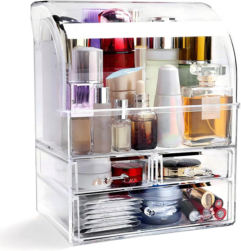 Photo 1 of Large Acrylic Makeup Organizer With Lid Portable Dustproof And Waterproof Cosmetic Storage Drawers Box For Women (Clear, 12.5in x 9.5in x 6.3in)