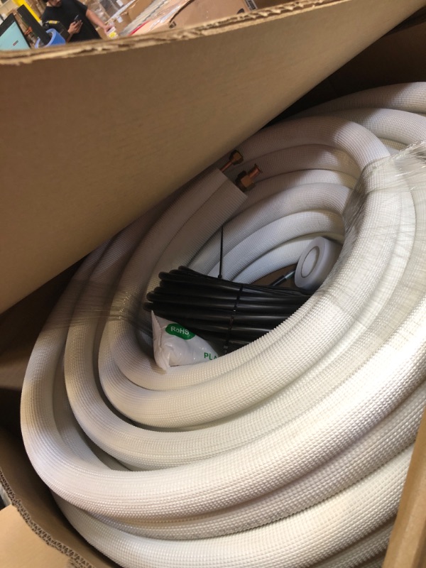 Photo 2 of 50ft Length Mini Split Line Set 1/4" 1/2" OD Copper Pipes Tubing and 3/8 White PE Thickened Insulated with Flared Nuts for Mini Split Air Conditioner HVAC or Heat Pump for 9000BTU (1/4+1/2 with wires)