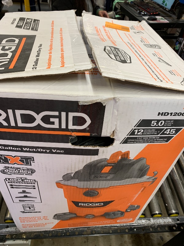 Photo 3 of RIDGID 12 Gallon 5.0 Peak HP NXT Shop Vac Wet Dry Vacuum with General Debris Filter, Locking Hose and Accessory Attachments