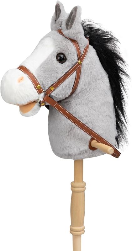 Photo 1 of HollyHOME Stick Horse Plush Handcrafted Hobby Horse on a Stick with Wood Wheels Real Pony Neighing and Galloping Sounds for Kids Toddlers Grey 36 Inches(AA Batteries Required)
