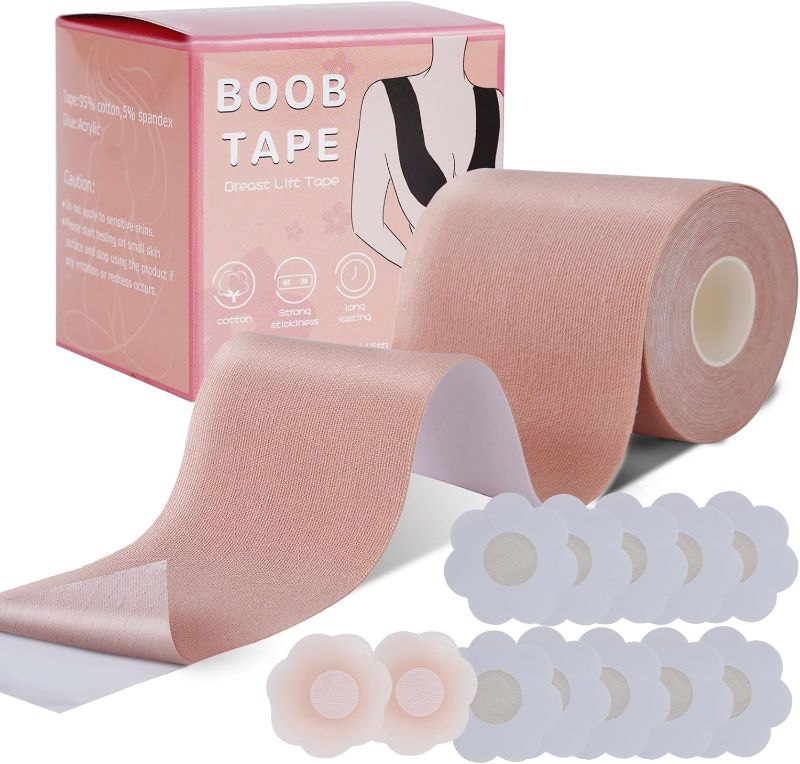 Photo 1 of Boob Tape Breast Lift Tape for Women, Body Tape for Large Breast Lift Bob Tape for Large Breasts, 1 Pair Silicon Nipple Covers and 5 Pairs Disposable Covers (3 Inch, Beige)
