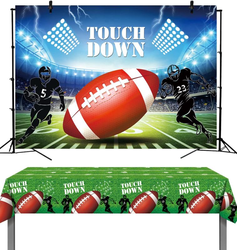 Photo 1 of XCKALI Football Party Backdrop Tablecloth Touchdown Football Party Decorations Banner Boys Sports Themed Props Supplies 2PCS
